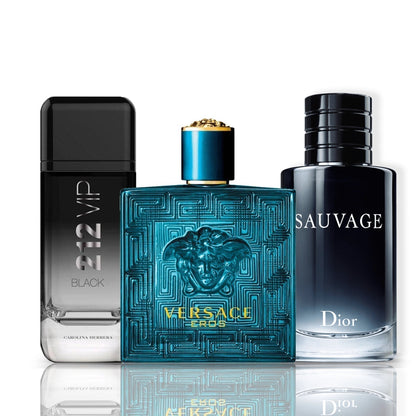 Set de 3 parfumuri | 212 VIP Black · Eros · Sauvage